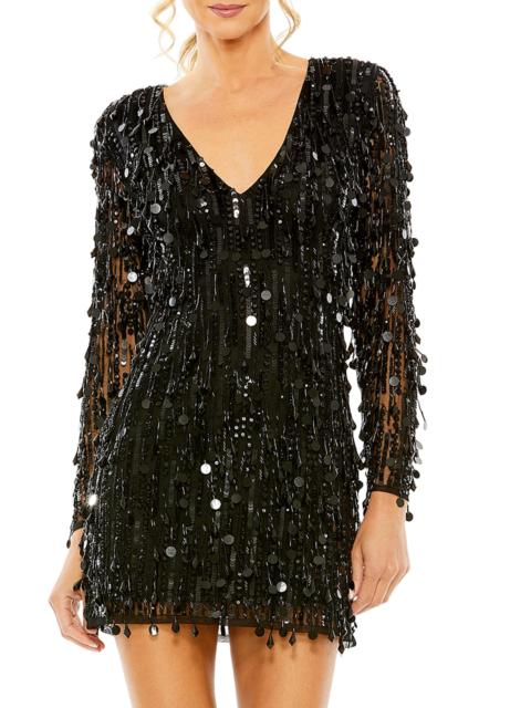 MAC DUGGAL Women's Long-Sleeve Beaded Fringe Minidress - Black