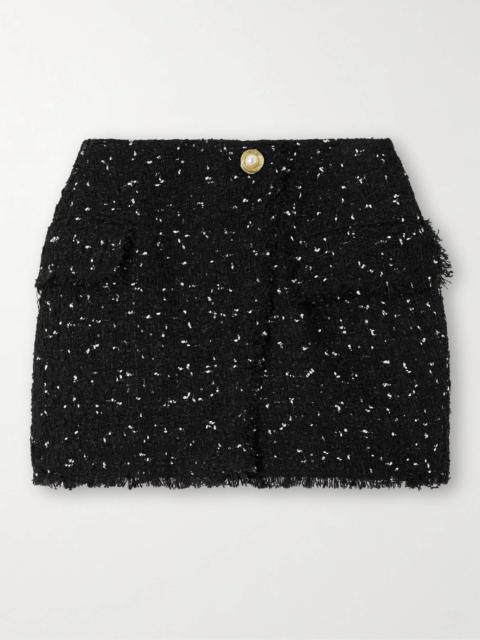 Balmain Wrap-effect sequin-embellished frayed tweed mini skirt Black