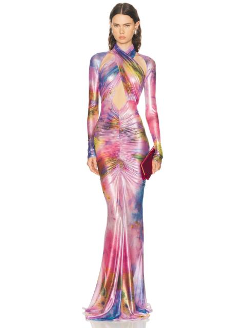 LAPOINTE Printed Metallic Mesh Halter Ruched Gown