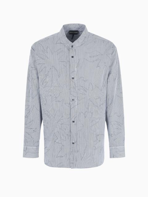 EMPORIO ARMANI Comfort-fit shirt with guru collar in striped cotton with a palm-tree print