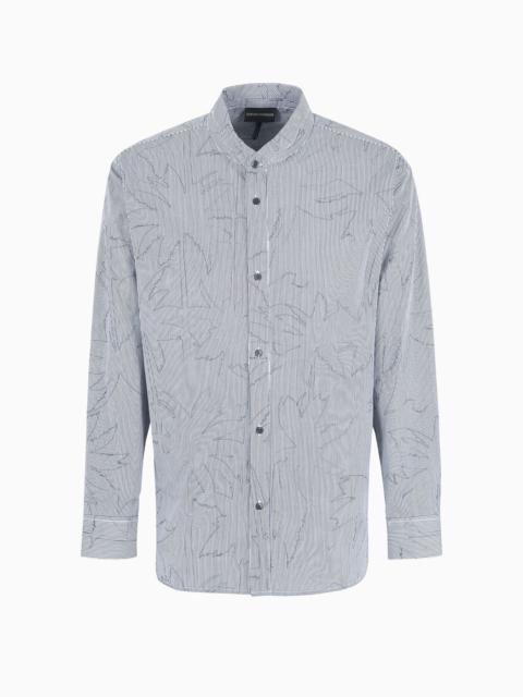 Comfort-fit shirt with guru collar in striped cotton with a palm-tree print