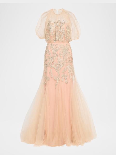 LELA ROSE Ikat Floral Embroidered Tulle Trumpet Gown