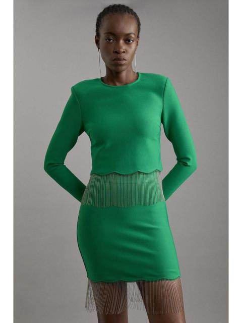 KAREN MILLEN Figure Form Bandage Knit Scallop Tassel Skirt