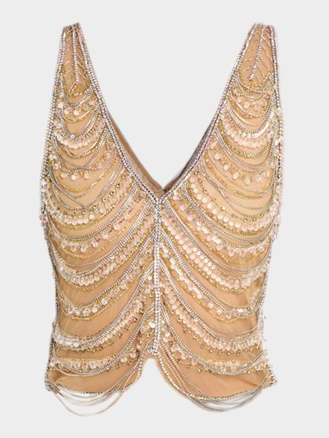 LAPOINTE Draped Crystal Embellished Tulle Sleeveless Top
