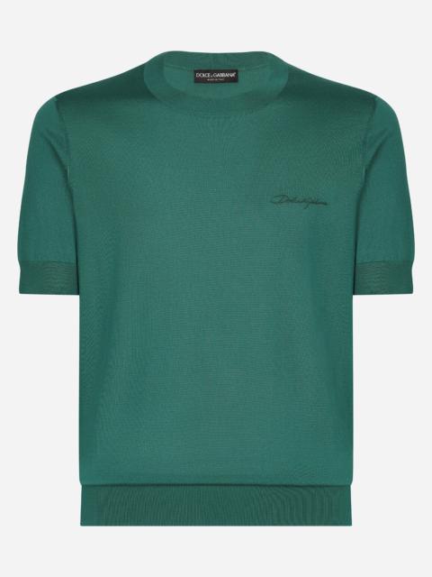 Dolce & Gabbana Round-neck silk sweater with Dolce&Gabbana logo