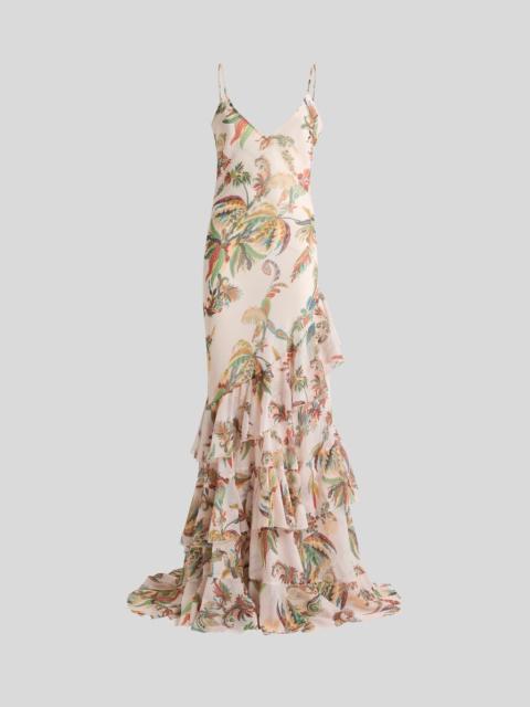 Etro LONG SEERSUCKER DRESS WITH RUFFLES AND PAISLEY FOLIAGE MOTIF