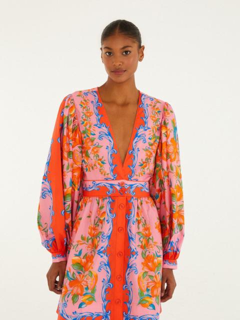 FARM RIO Orange Sicily Flowers Scarf Mini Dress