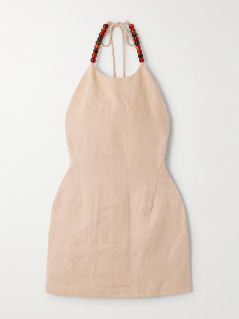 SIR. Moretti Bead-embellished Linen Halterneck Mini Dress