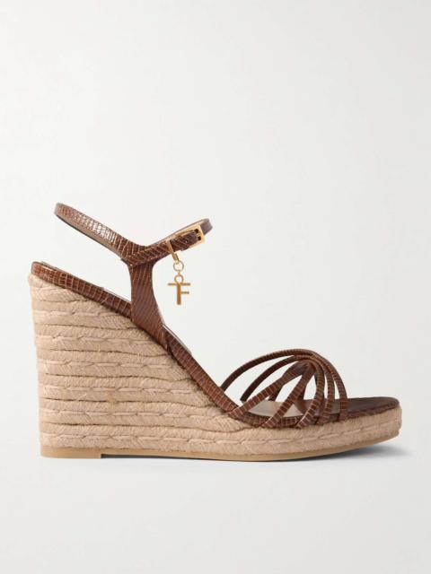 TOM FORD Cabana embellished lizard-effect leather espadrille wedge sandals