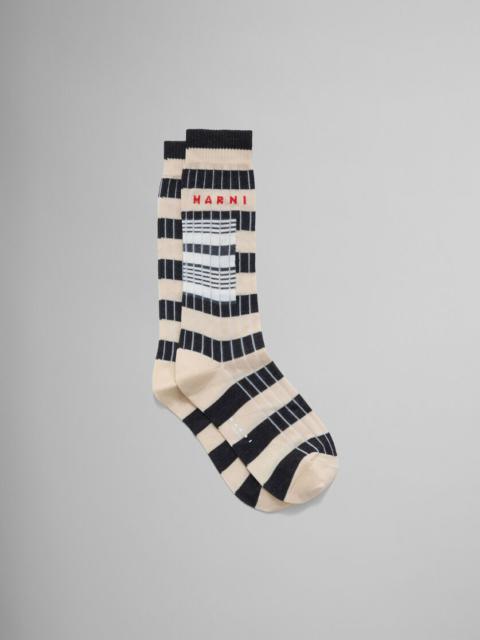 Marni BEIGE RIBBED COTTON SOCKS WITH CONTRAST STRIPES