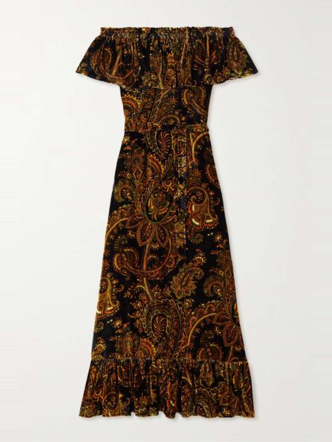 Off-the-shoulder belted paisley-print velvet maxi dress