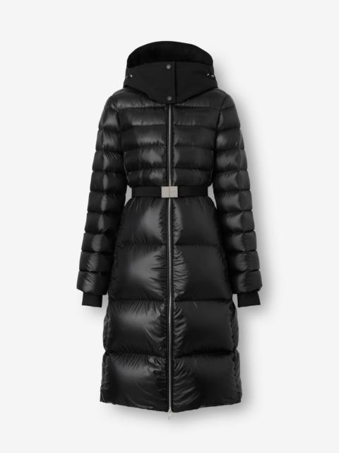 Contrast Hood Nylon Mid-length Puffer Coat