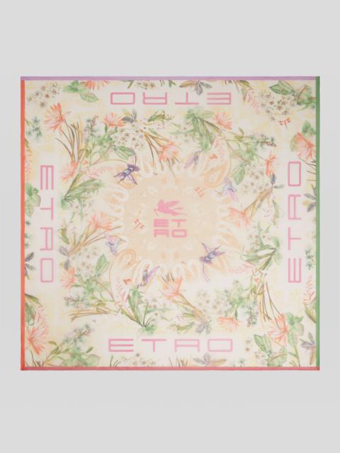Etro SILK SHAWL WITH FLOWERS, HUMMINGBIRDS AND ETRO LOGO