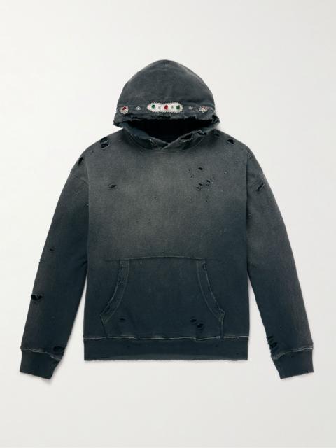 Kapital Embellished Suede-Trimmed Distressed Cotton-Jersey Hoodie Gray
