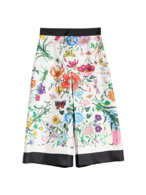 GUCCI Floral Printed Silk Wide-Leg Cropped Pants