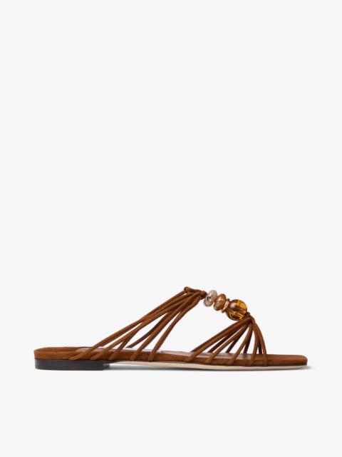 JIMMY CHOO Lova Mule Flat Tan Mix Suede Flats with Beads