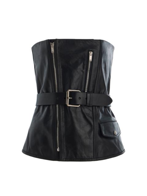 SAINT LAURENT Strapless Belted Leather Biker Bustier Top black