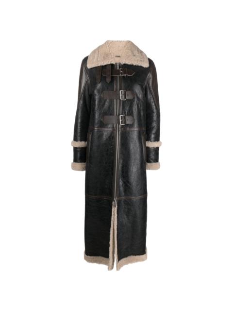 Blumarine shearling-trim leather long coat