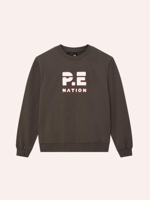 P.E NATION HEADS UP BOUCLE SWEAT IN DARK OLIVE