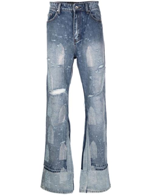 WHO DECIDES WAR rhinestoned distressed straight-leg jeans