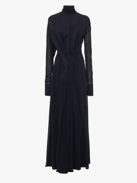 Long Sleeve Draped Jersey Floor-Length Gown In Ink Blue