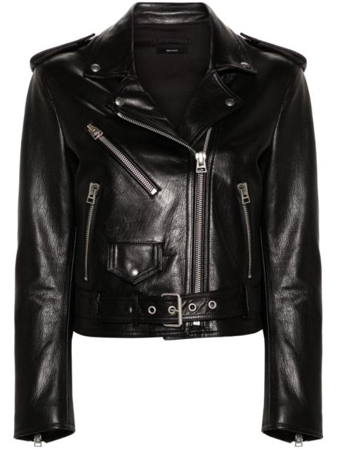 zip-up leather biker jacket