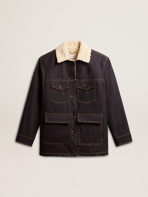 Men's denim pea coat jacket with distressed treatment