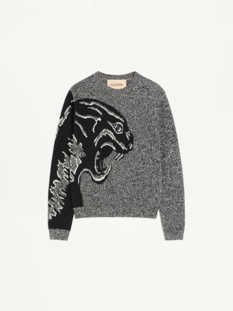 Valentino VALENTINO COTTON AND MOULINÉ WOOL JUMPER WITH PANTHER JACQUARD
