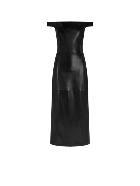 TOM FORD OFF THE SHOULDER SILKY GUANTERIA LEATHER DRESS