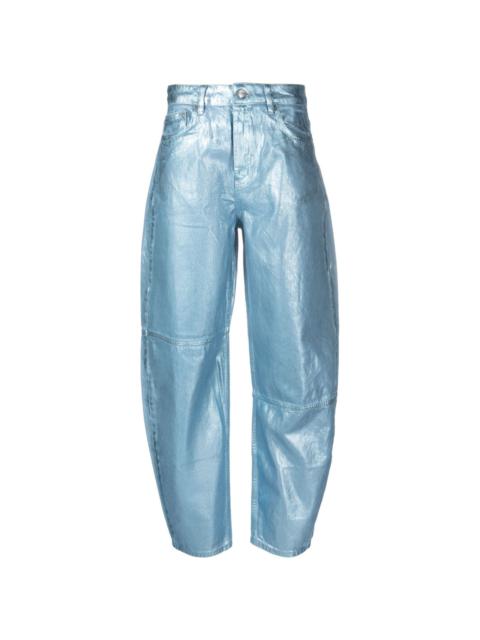 metallic-finish wide-leg tapered jeans