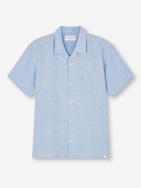 Derek Rose Men's Short Sleeve Shirt Monaco Linen Blue