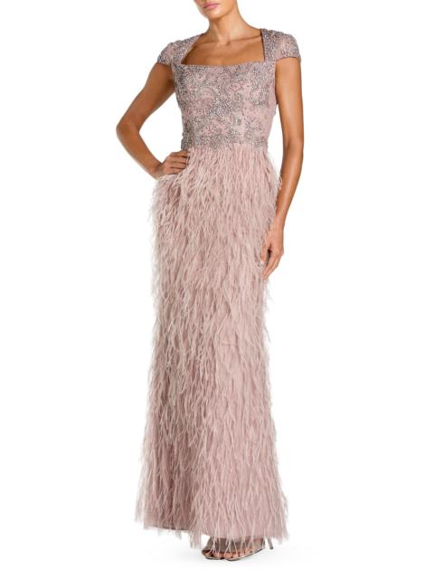 MAC DUGGAL Women's Beaded Feather-Trim Gown - Mocha
