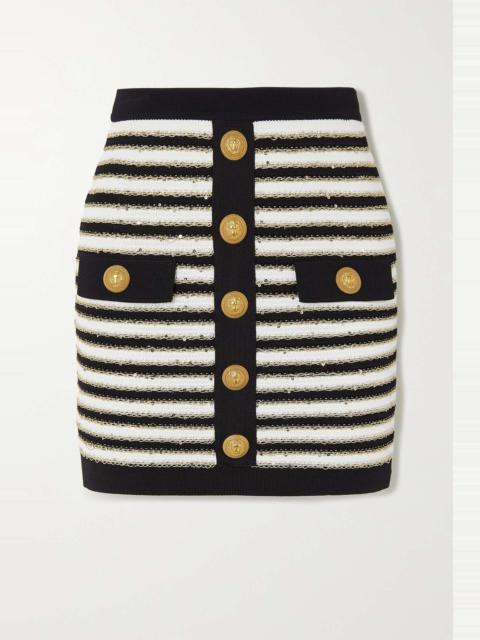 Button-embellished metallic striped knitted mini skirt