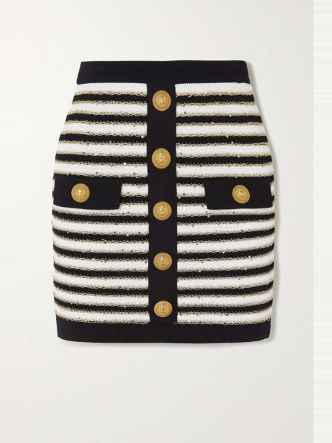 Balmain Button-embellished metallic striped knitted mini skirt