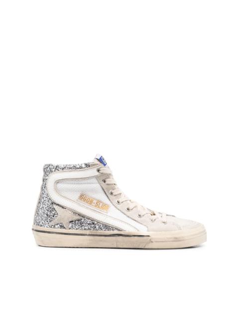 glitter-detail leather high-top sneakers