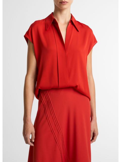 Vince Stretch-Silk Hidden-Placket Cap-Sleeve Blouse