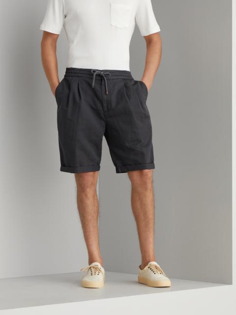 Garment-dyed Bermuda shorts in twisted linen and cotton gabardine with drawstring and double pleats