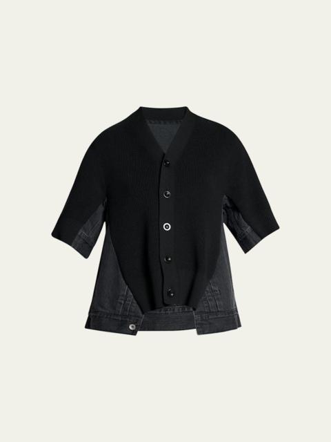 sacai Mixed-Media Denim Short-Sleeve V-Neck Cardigan