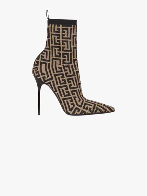 Balmain Bicolor shiny stretch knit Skye ankle boots with gold and black Balmain monogram