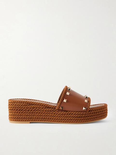 Valentino Rockstud Torchon Rope-trimmed Leather Platform Espadrille Slides