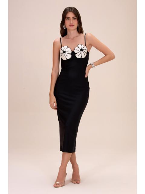 PatBO MIDNIGHT BLOOM EMBROIDERED FLORAL MIDI DRESS BLACK