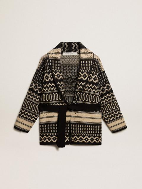 Golden Goose Women’s cardigan in ecru wool with jacquard design and belt