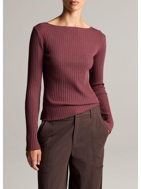 Vince Ribbed Cotton-Blend Slash-Neck Long-Sleeve Top