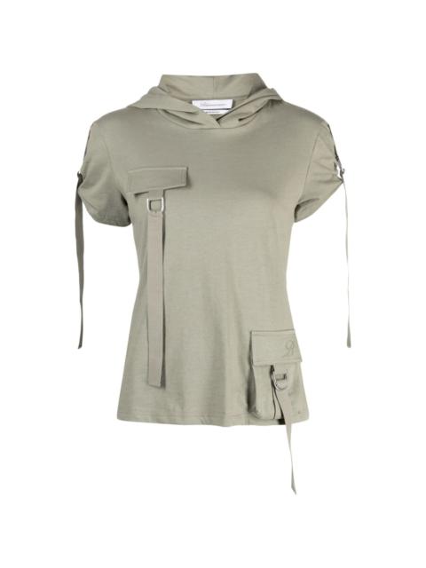 cargo-pocket hooded cotton T-shirt