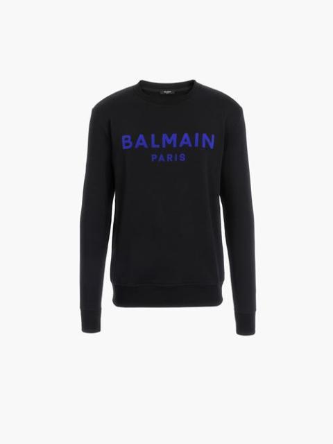 Balmain Black cotton sweatshirt with blue velvet Balmain logo