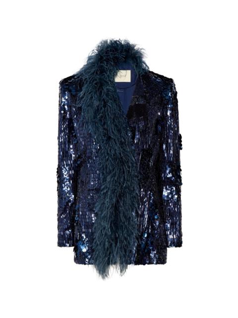 Patchwork Sequin Collarless Blazer With Feathers