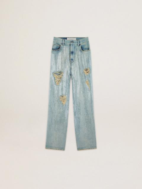 Golden Goose Journey Collection jeans in distressed-effect light blue denim with all-over sequins