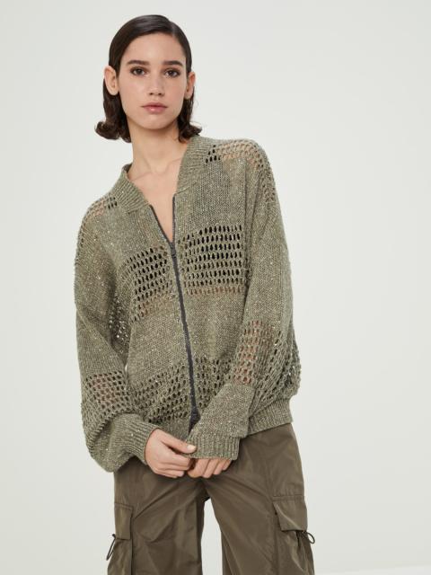 Linen diamond yarn net stripe cardigan
