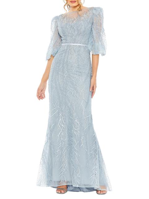 MAC DUGGAL Women's Evening Tulle Puff-Sleeve Gown - Ice Blue
