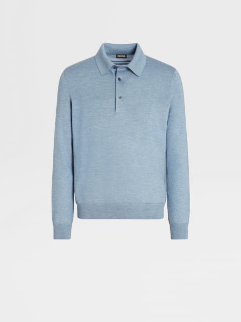 ZEGNA AVIO BLUE SILK CASHMERE AND LINEN POLO SHIRT